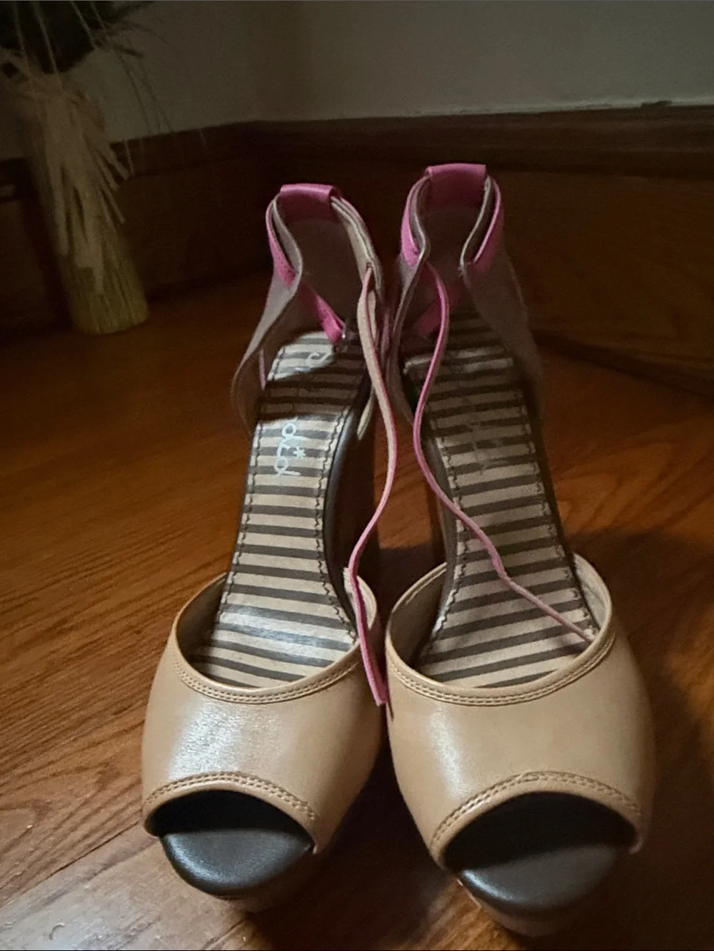 Two-Tone Pink & Tan Platform Heel with Ankle Strap